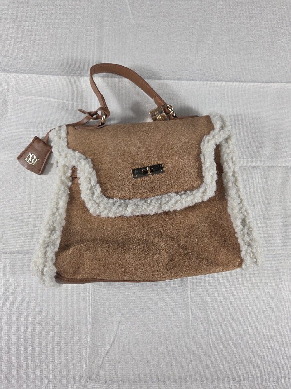 Badgley Mischka Faux Suede Sherpa Trim Shoulder Bag Brown Turn Lock